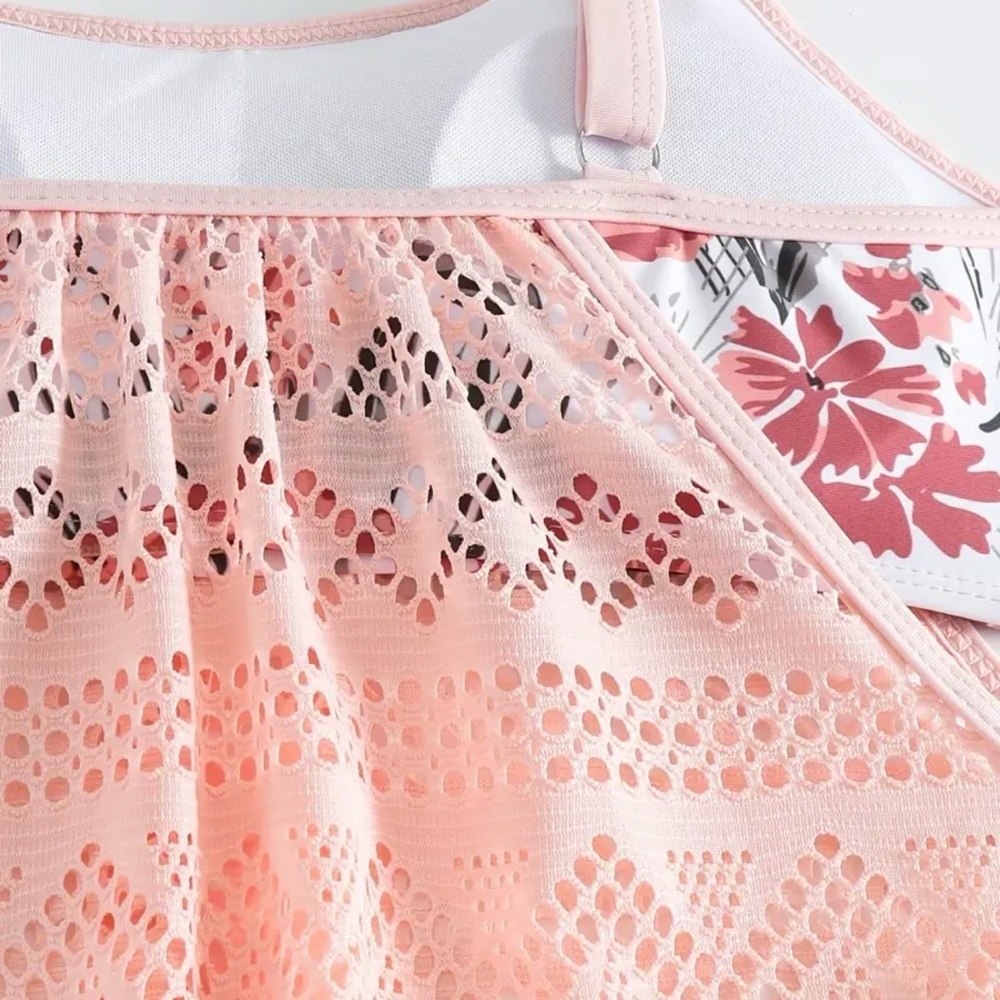 Pink Flower Print Mesh Tankini Set - Picture 6 of 14